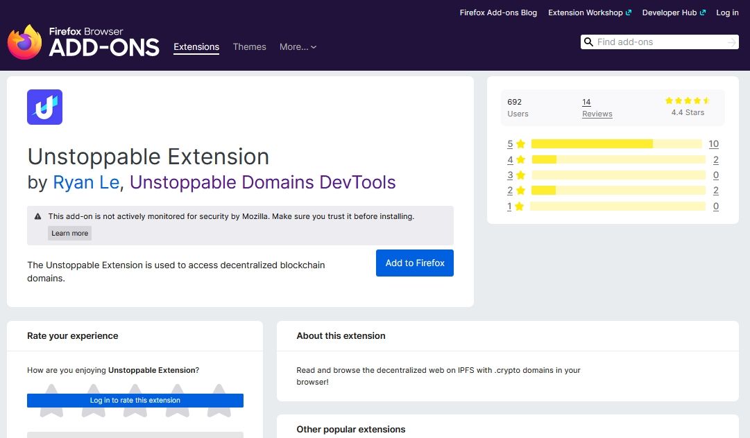 Скриншот расширения Unstoppable для Firefox