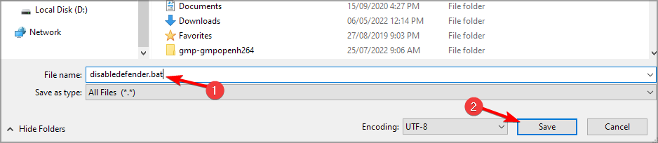 Скриншот выбора файла disabledefender.bat в Advanced Run