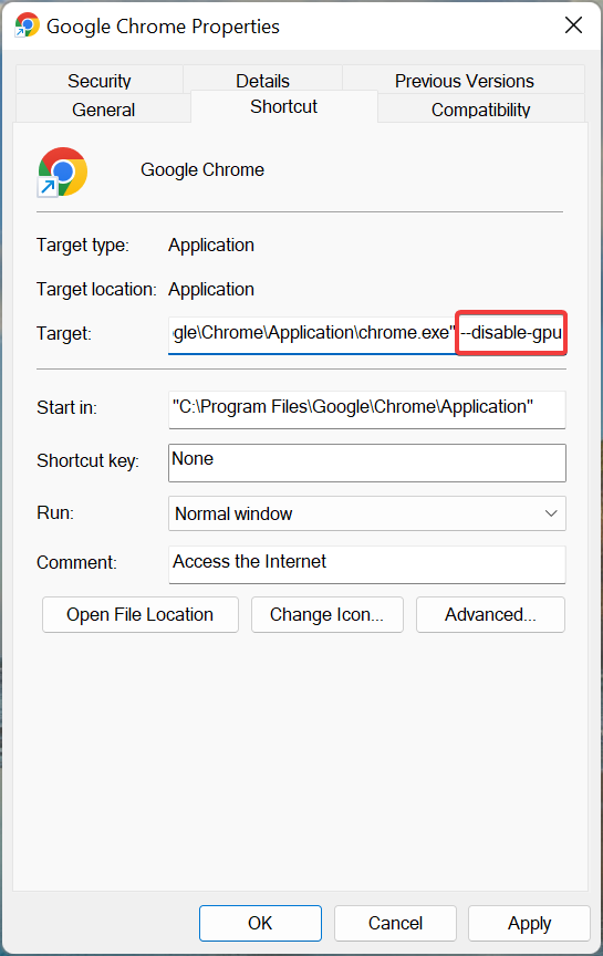 Добавление флага --disable-gpu в цель ярлыка Chrome