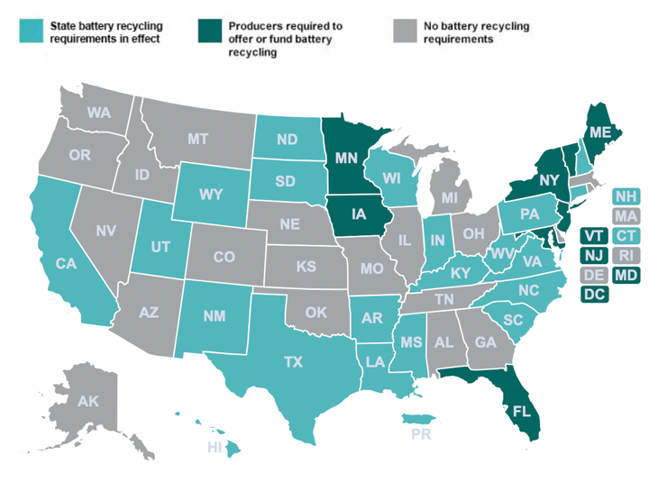 Карта США с законами утилизации батарей по штатам от Call2Recycle