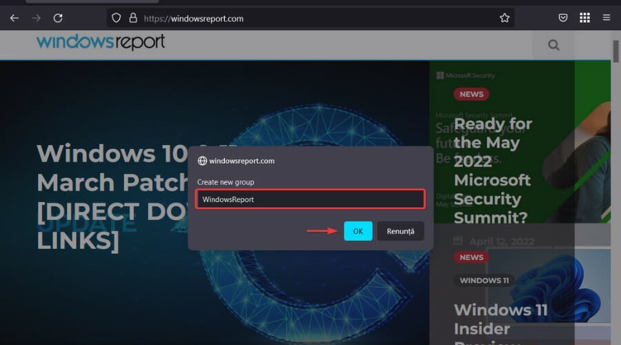 Диалог переименования группы вкладок