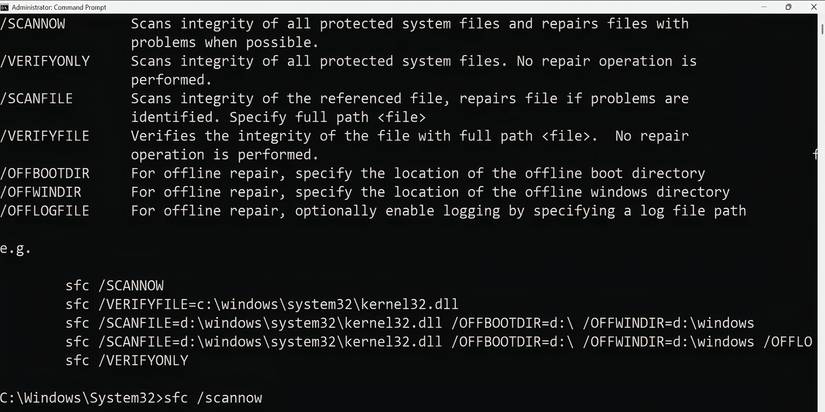 Окно командной строки с командой для запуска sfc /scannow