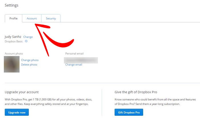 Настройки аккаунта Dropbox