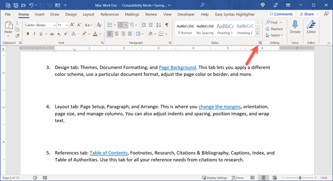 Стрелка в секции Стили на ленте