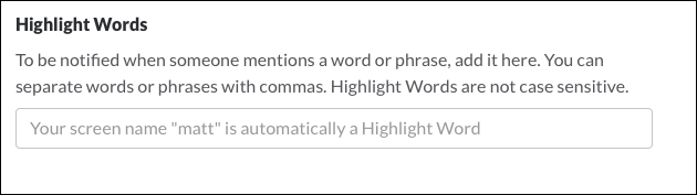 Поле для ключевых слов в настройках Slack