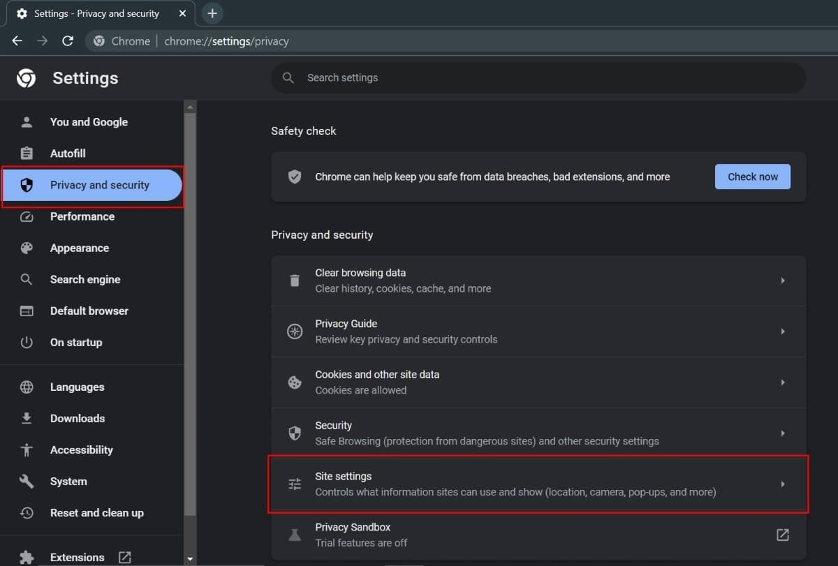 Выбор настроек сайтов в Chrome