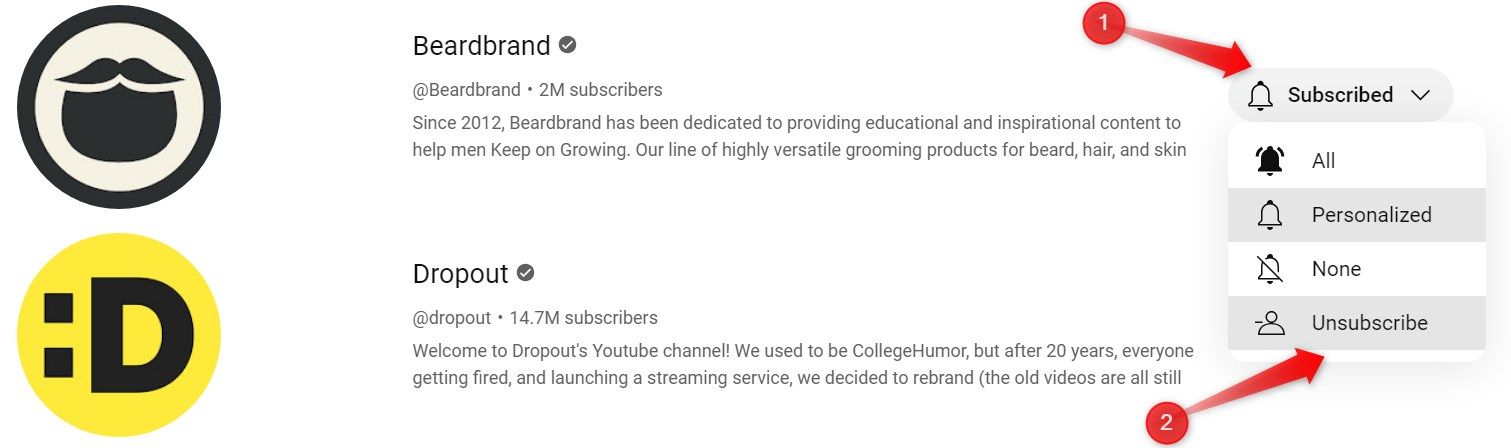 Ручное отписывание канала YouTube через веб-интерфейс.