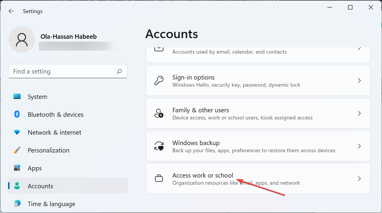 Доступ к работе или учебе — Windows 11