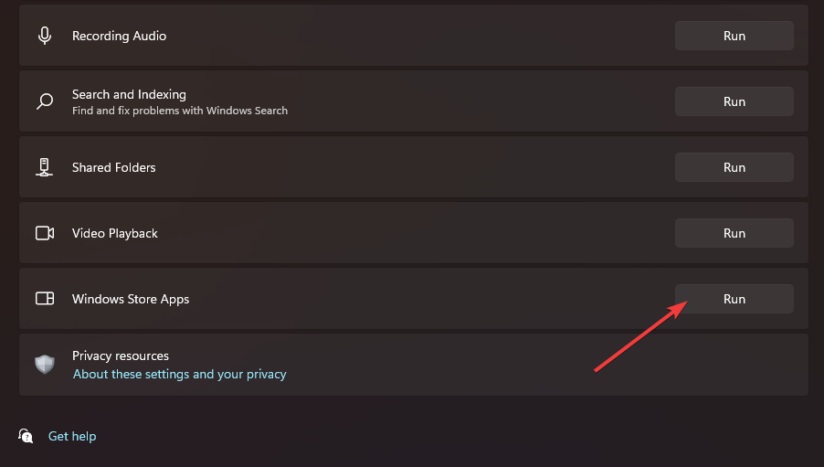 Кнопка Запустить для средства устранения неполадок Магазина