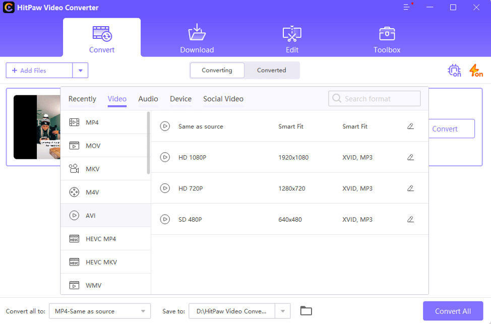 Selezione formato e destinazione in HitPaw Video Converter