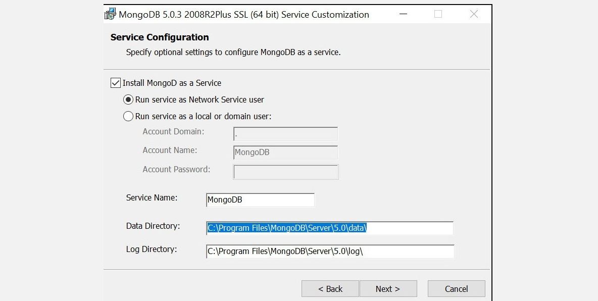 Поле пути для каталога данных в установщике MongoDB