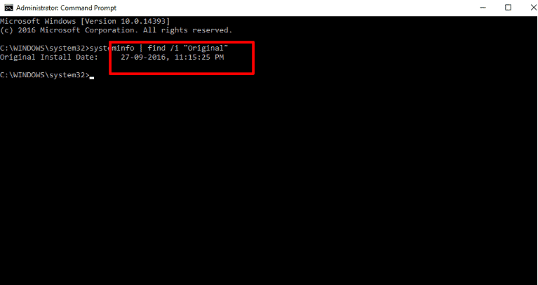 Fenêtre d'invite de commandes montrant la commande systeminfo et la date d'installation sur Windows 10