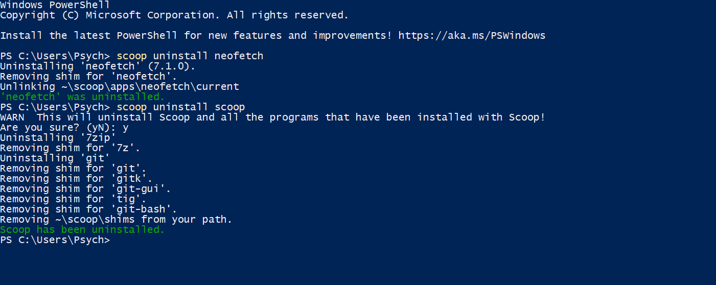 Uninstalling Snoop and Neofetch with Powershell.
