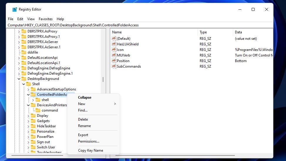 Удаление ключа ControlledFolderAccess из реестра