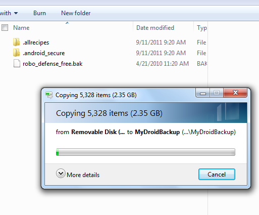 Скриншот: завершённый перенос резервной копии