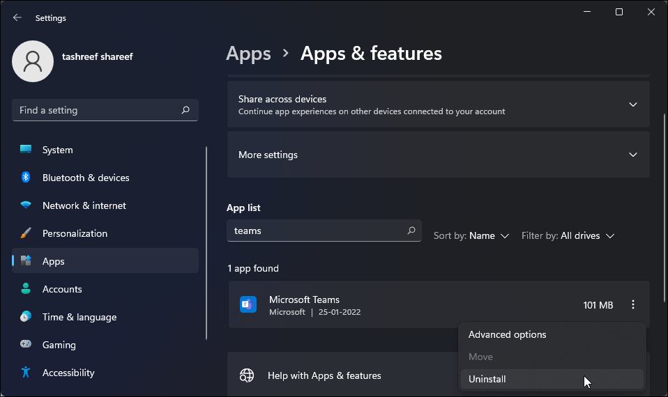 Удаление Microsoft Teams в параметрах