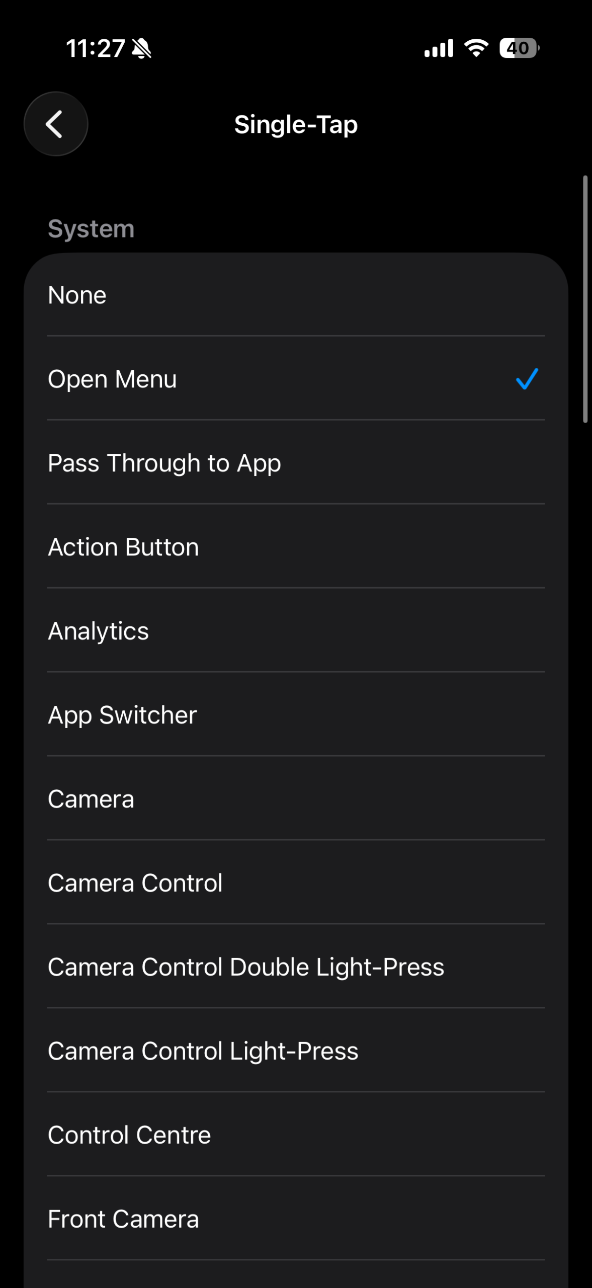 Пример настройки одиночного касания AssistiveTouch