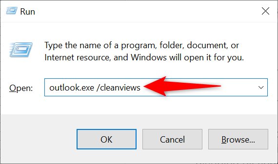 Сброс представлений Outlook с помощью команды outlook.exe /cleanviews в окне «Выполнить».