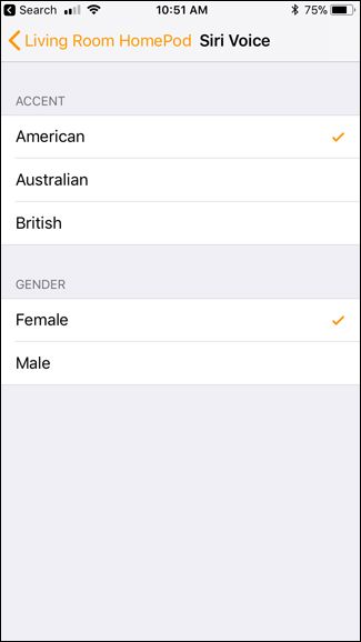 Экран выбора голоса Siri с опциями акцентов и пола голоса