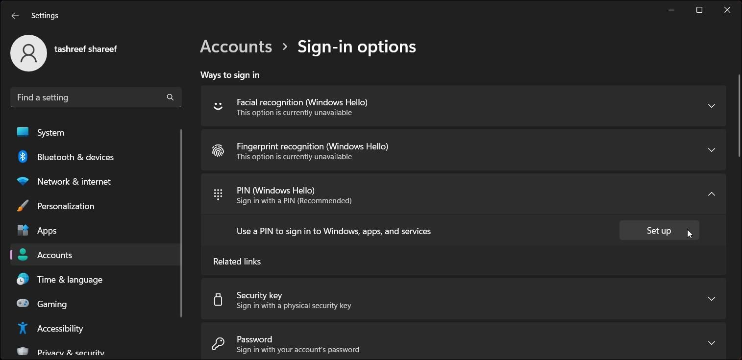 Параметры входа в Windows 11 для настройки PIN