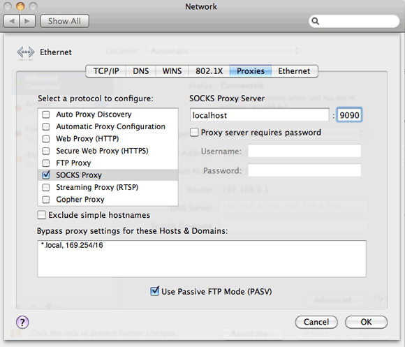 Системные настройки прокси macOS — включение SOCKS для интерфейса