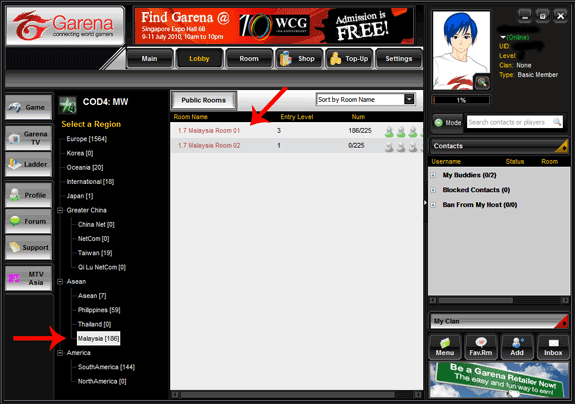 Список комнат и выбор региона для игры в Garena