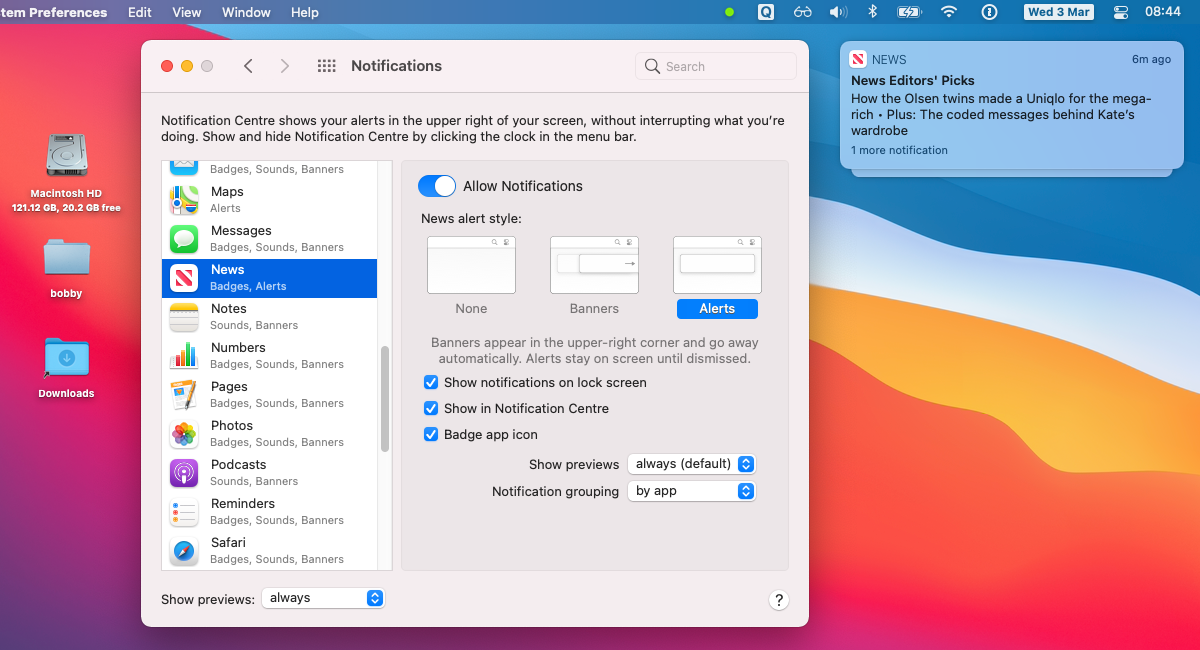 Скриншот macOS, показывающий настройки уведомлений.