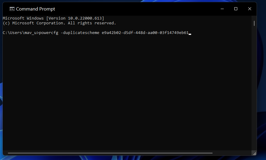 Окно команды powercfg