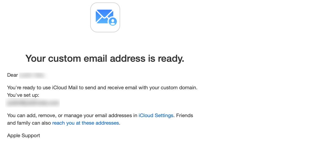 Скриншот сообщения iCloud о завершении шага по настройке персонального домена.