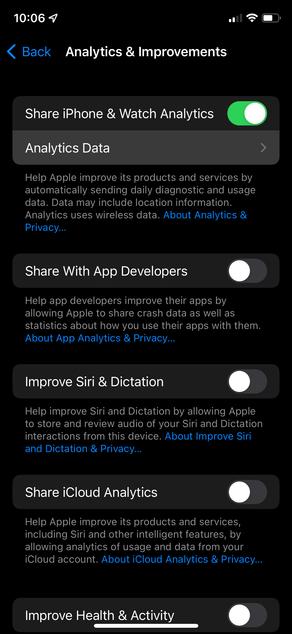 Содержимое списка данных аналитики