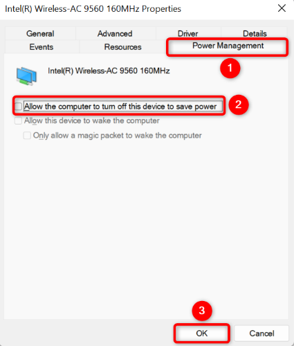 Снимите галочку 'Разрешить отключение этого устройства' и нажмите 'ОК'