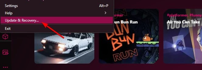 Пункт «Обновление и восстановление» в Opera