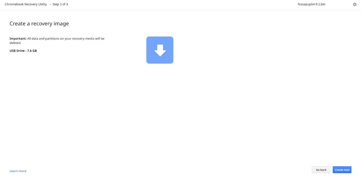 Кнопка Create now в Chromebook Recovery Utility