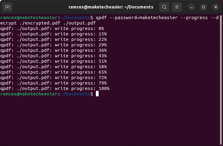 Процесс расшифровки qpdf в терминале