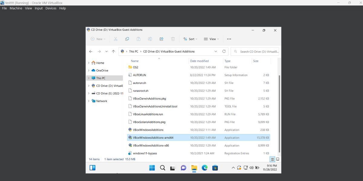 Установка Guest Additions: запуск инсталлятора в гостевой ОС
