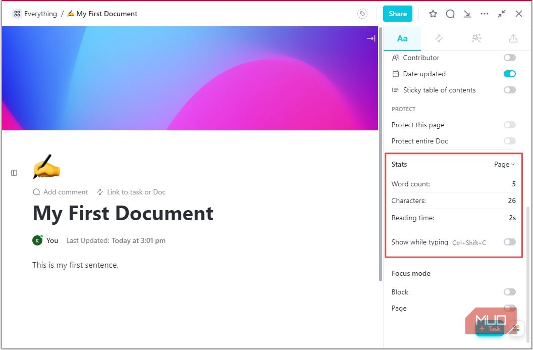 Детали страницы в ClickUp Docs — статистика