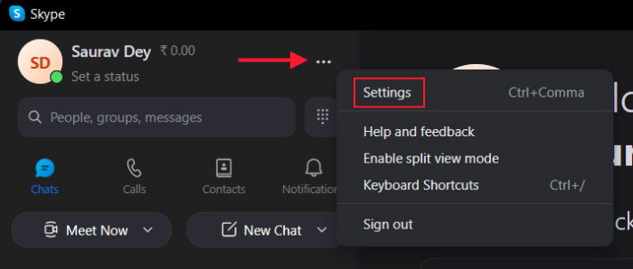 Настройки Skype