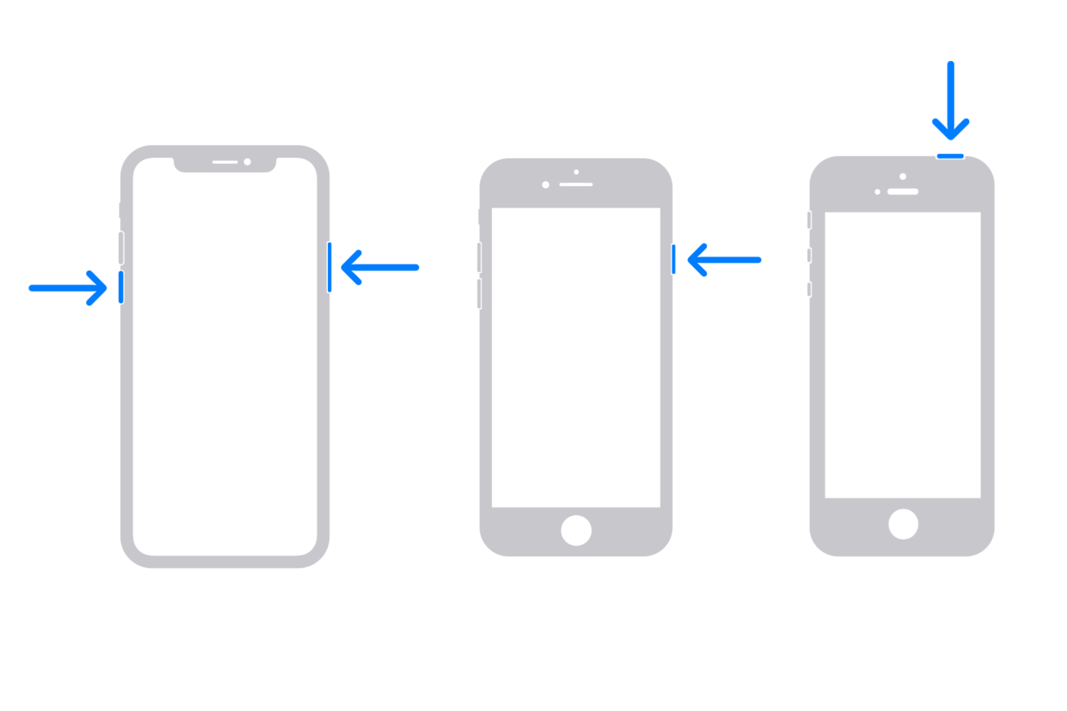 Боковые кнопки разных моделей iPhone, показаны кнопка питания и регуляторы громкости