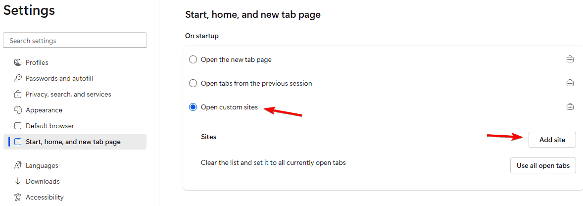 Окно настроек Edge — добавление новой страницы запуска
