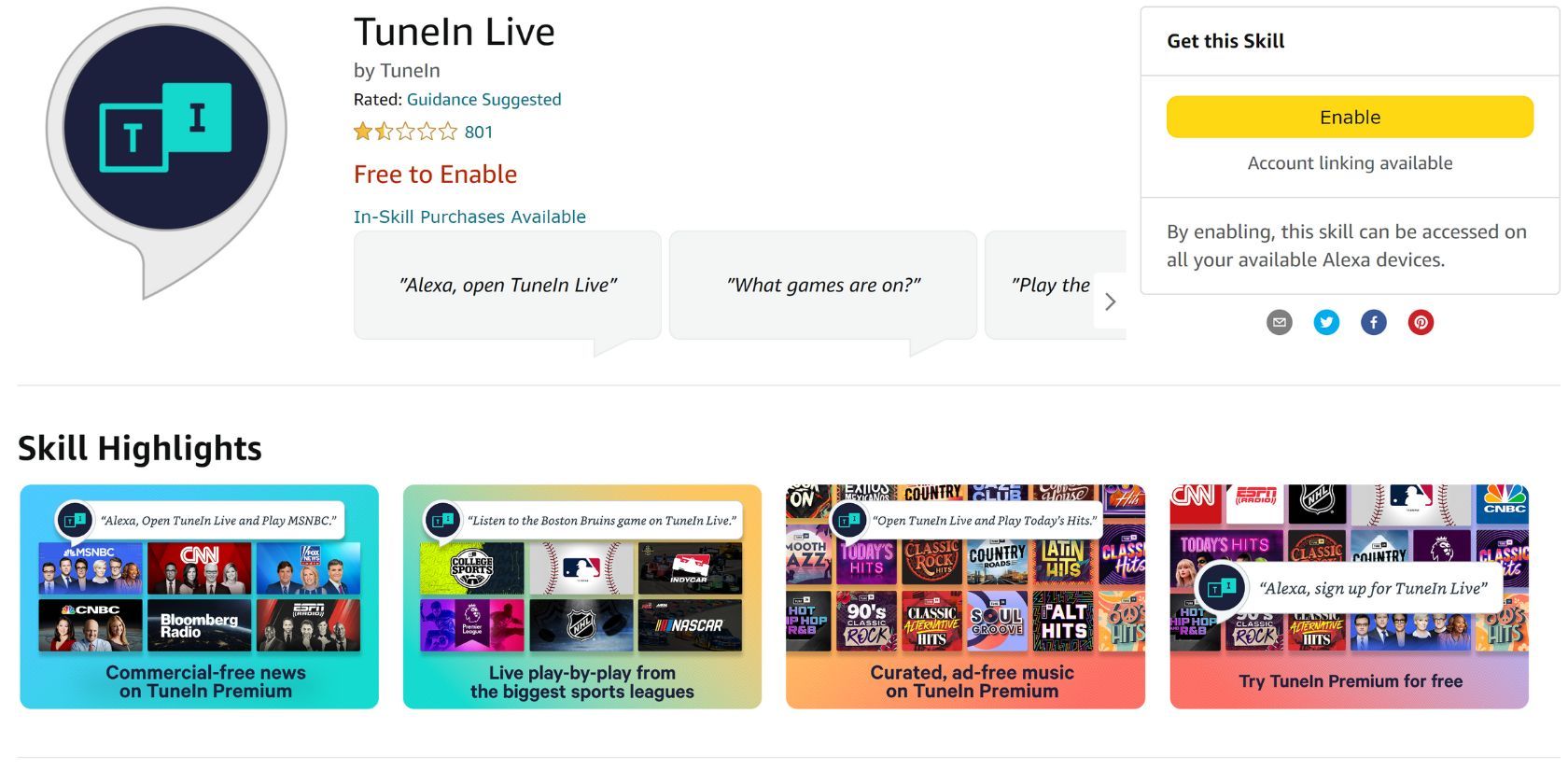 tunein live alexa skill details page