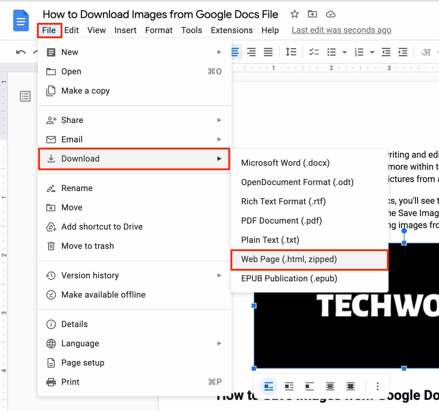 Google Docs Download as Webpage