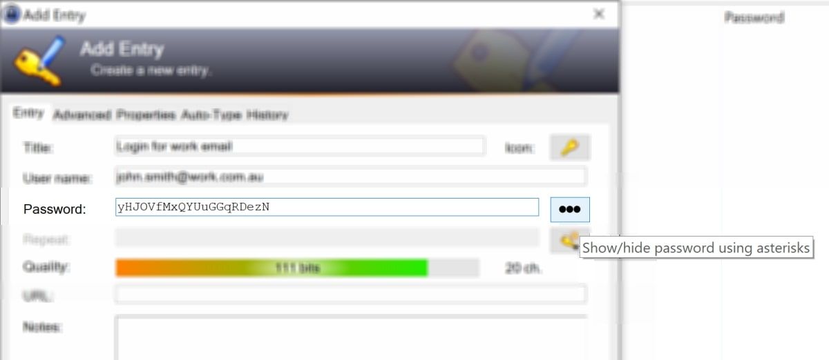 Кнопка с тремя точками для показа пароля в KeePass