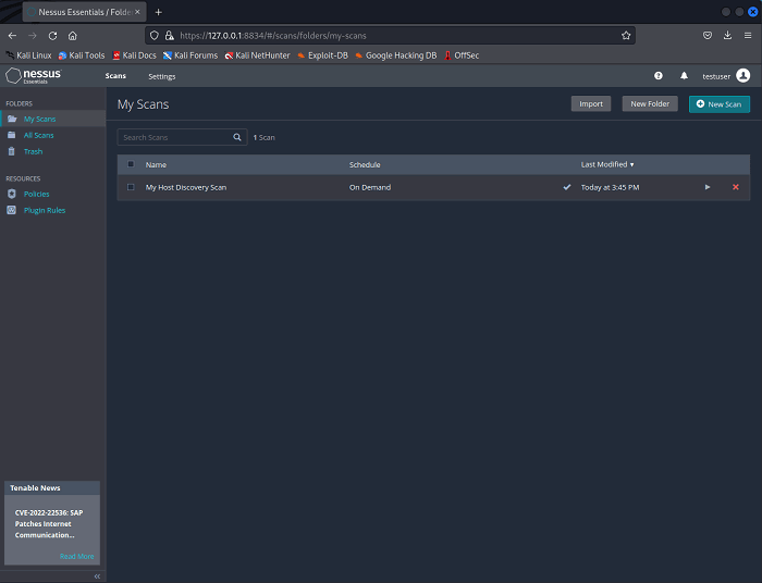 Страница сканов в Nessus