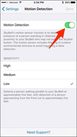 Переключатель включения детектора движения в приложении SkyBell