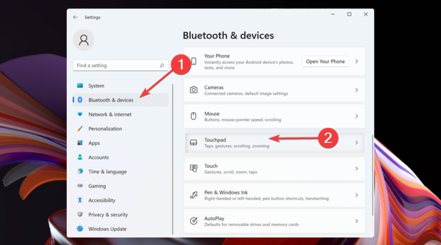 Раздел Bluetooth и устройства — Параметры тачпада