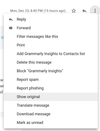 Открыть оригинал сообщения в Gmail: скриншот меню