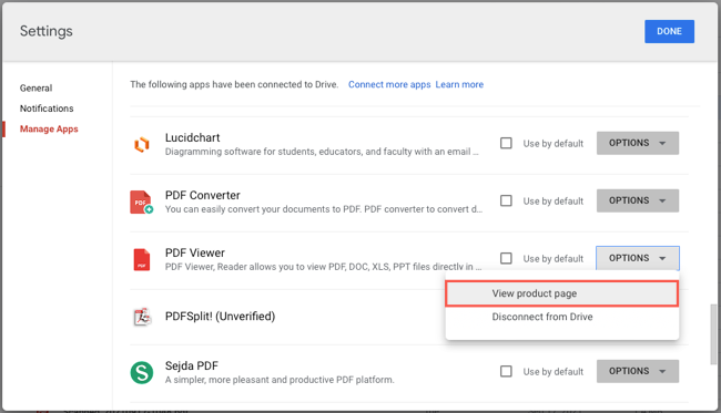 Просмотр страницы продукта в меню Параметры приложения
