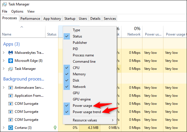 Скриншот: выбор столбцов в Диспетчере задач для включения показателей энергопотребления