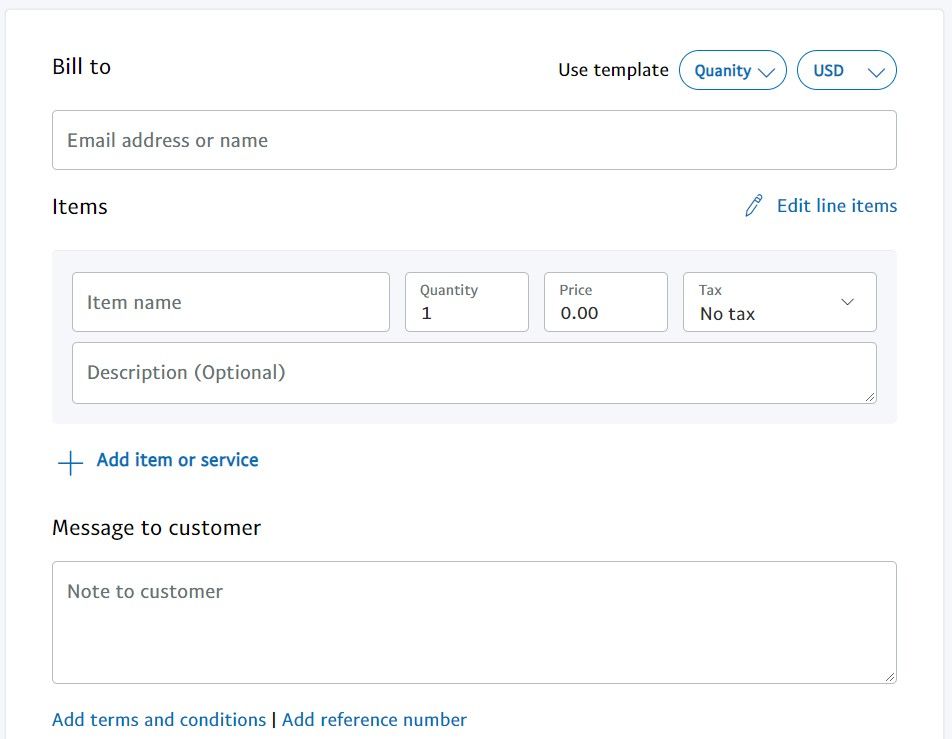 Опции инвойса в PayPal: позиции, налог, скидки