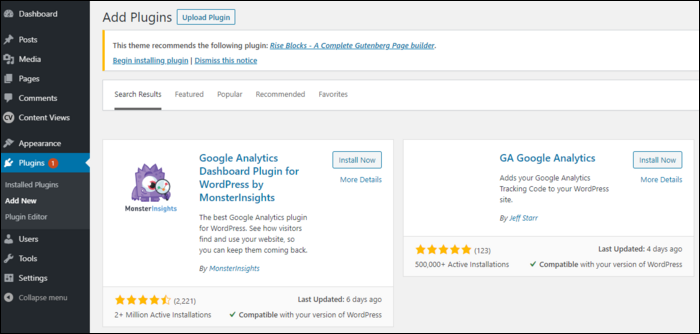 Список доступных плагинов Google Analytics